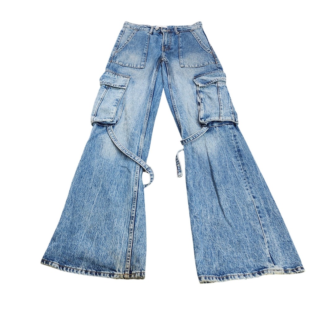 ZARA JEANS WOMENS 0 CARGO FLARE BLUE UTILITY STRAP EUC